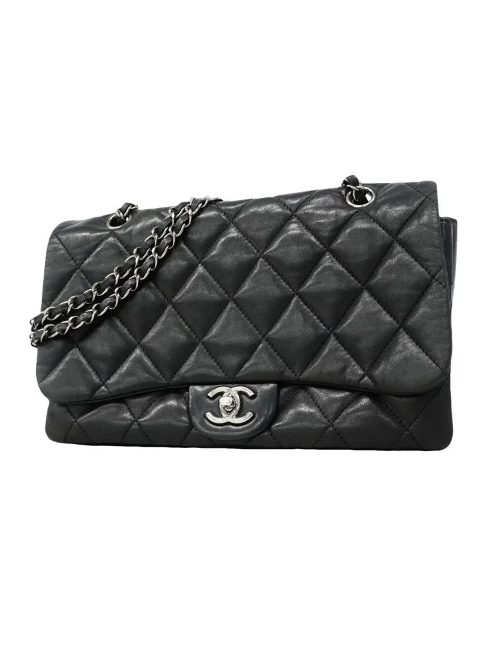 Chanel Shoulder Bag Quilted Lambskin Black Silver